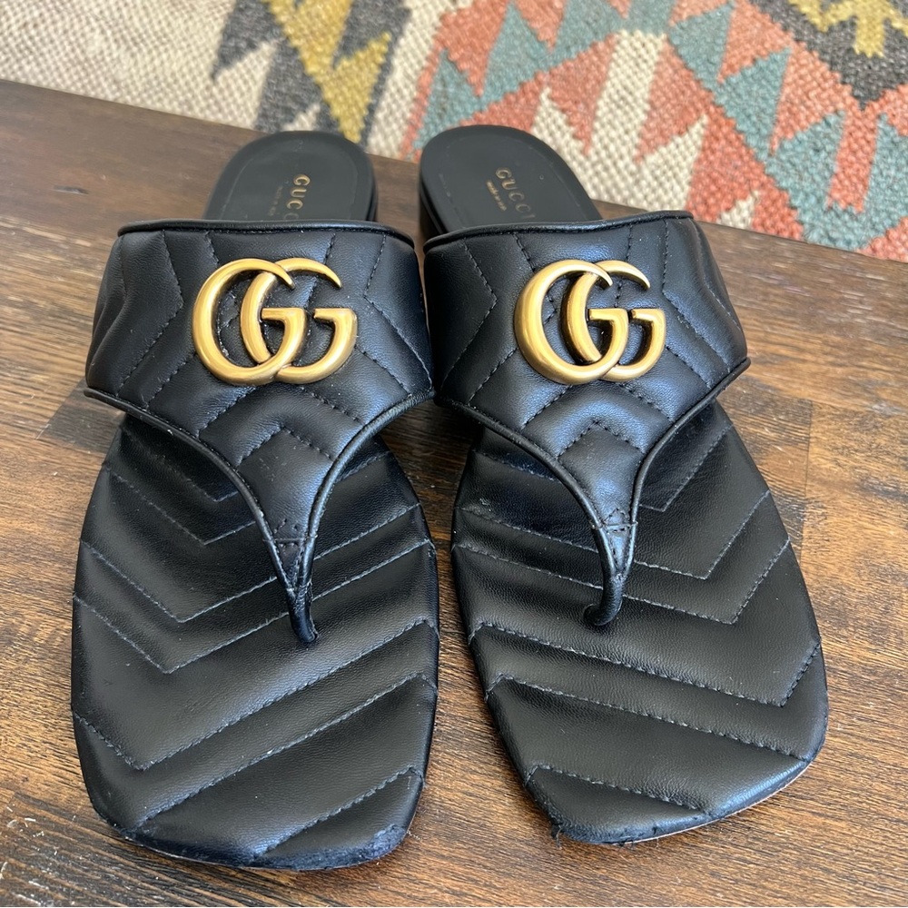 Gucci Marmont GG Padded Chevron Matelasse Leather Thong Flat Sandals EU40/US10